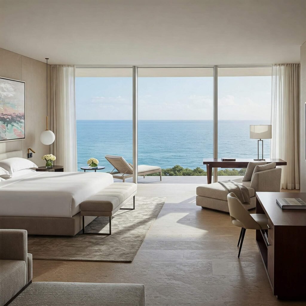 "Luxury hotel suite with ocean view"