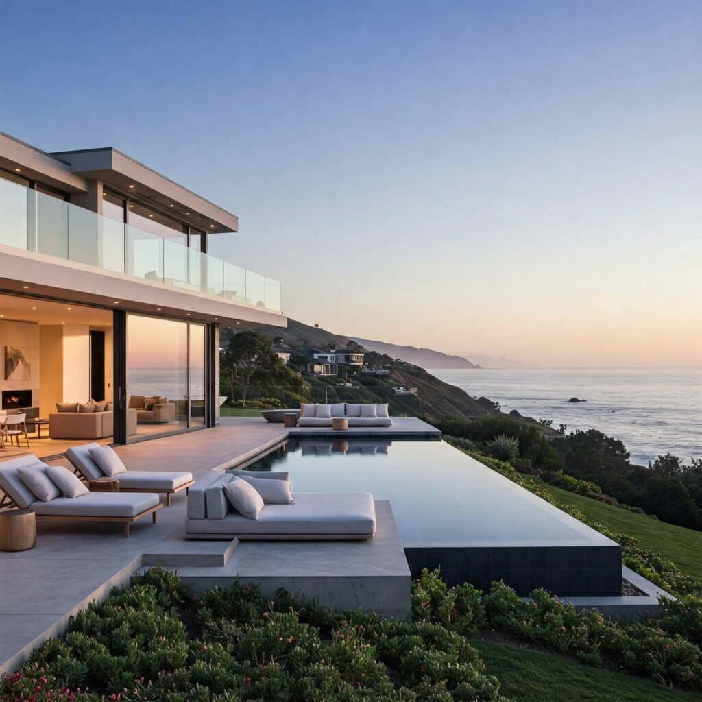A panoramic view of a luxurious Malibu oceanfront villa with a private beach