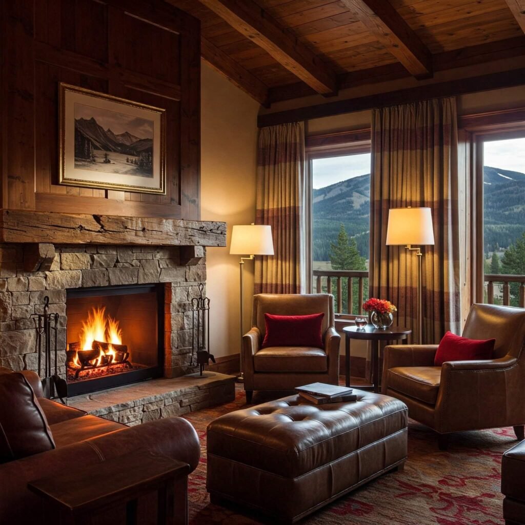 Cozy lodge room with fireplace and mountain views.