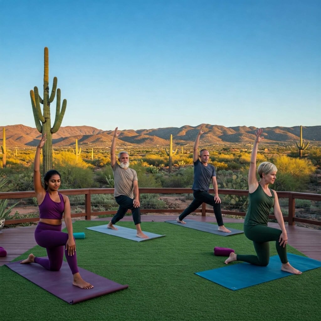 Outdoor yoga session with scenic mountain view.
