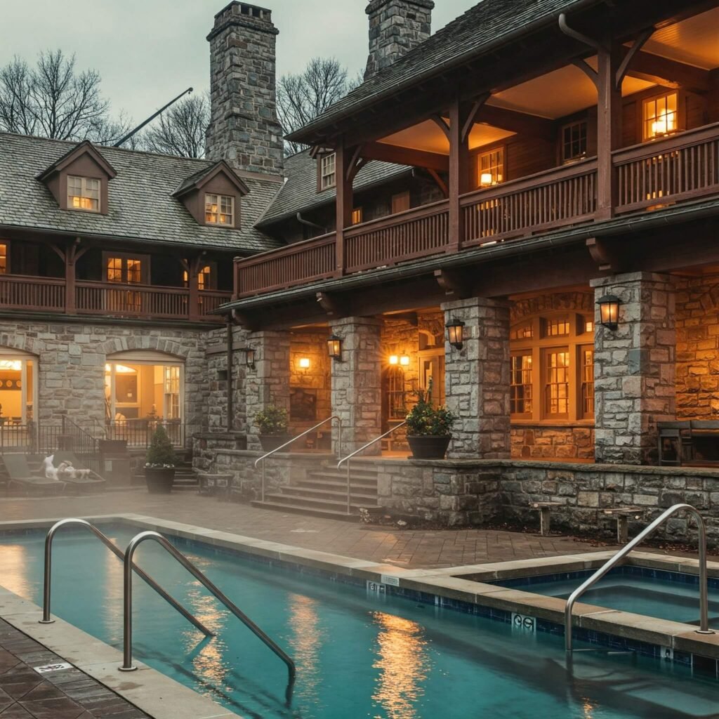 Historic stone hot springs resort with warm lighting.