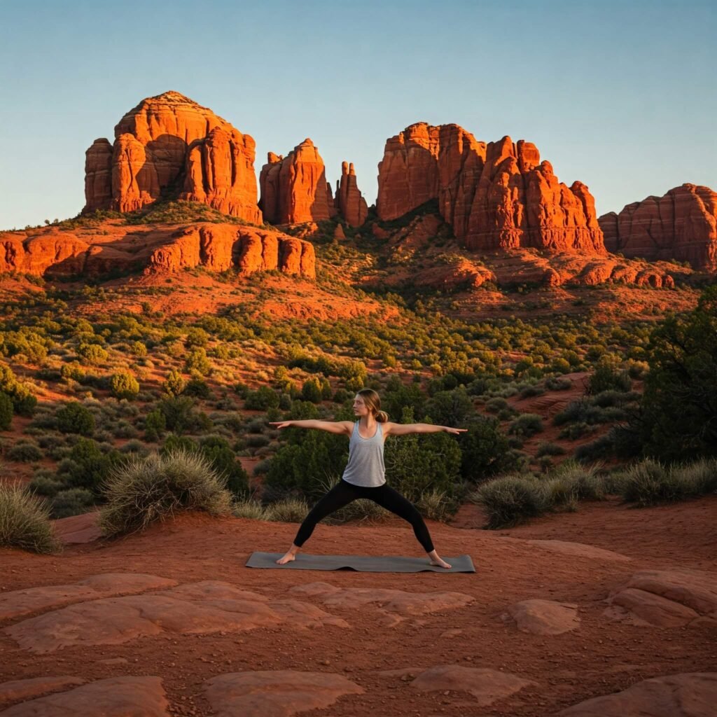 Yoga in Sedona red rocks.