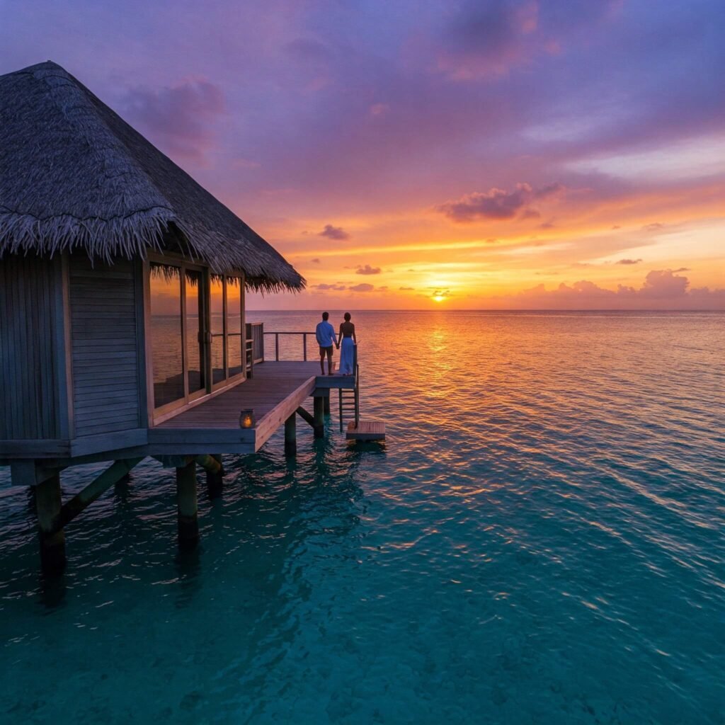 Romantic overwater bungalow at sunset
