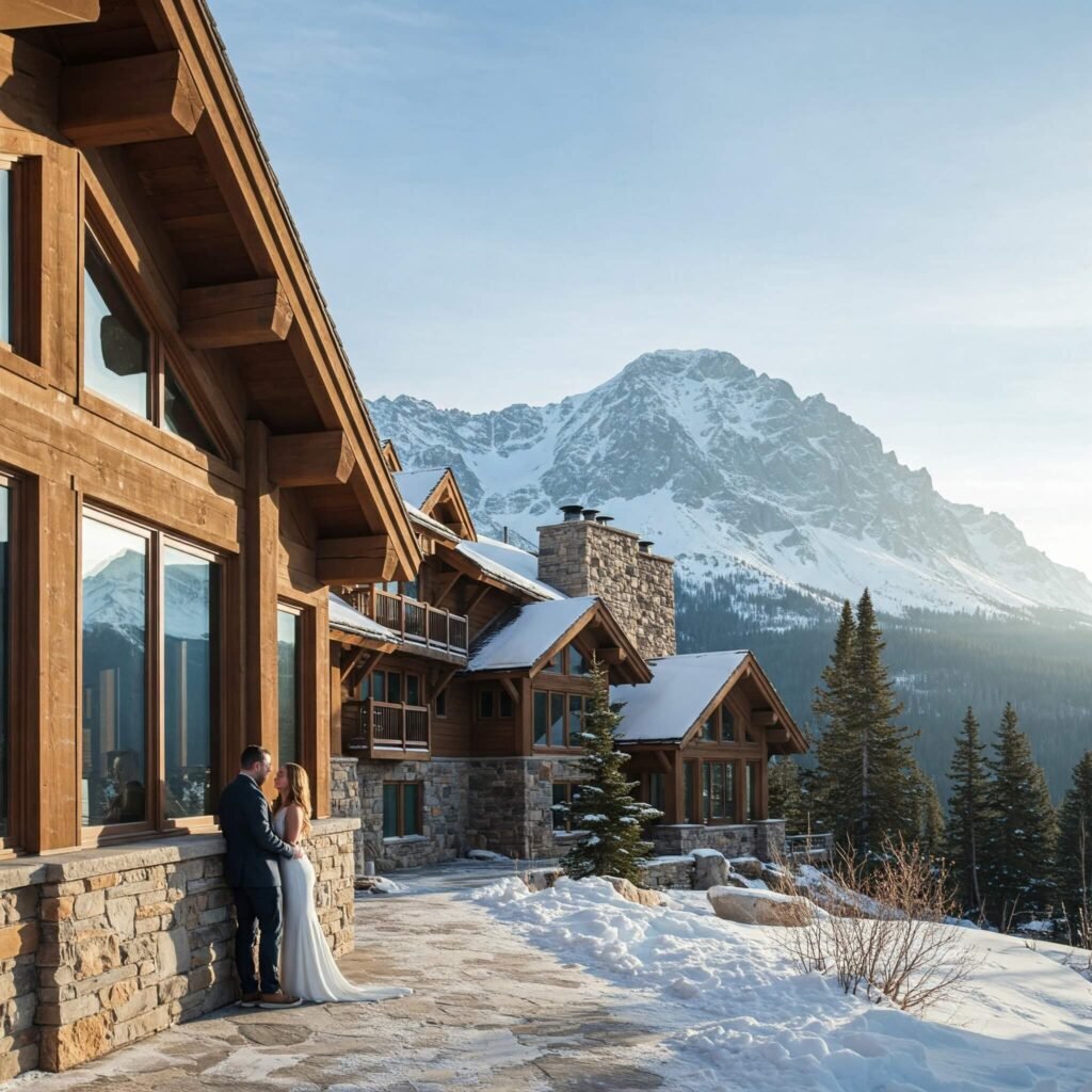 Couple admires snowy mountain view from luxurious lodge.