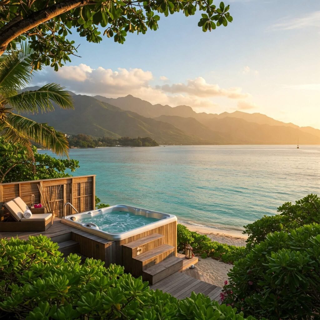 Private hot tub overlooking secluded beach.