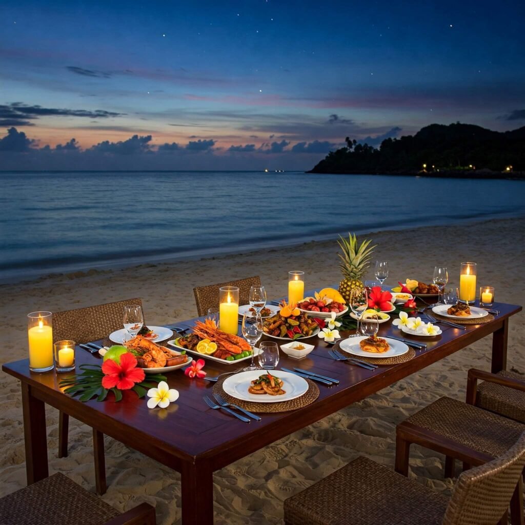 Candlelit beach dinner with tropical flowers.