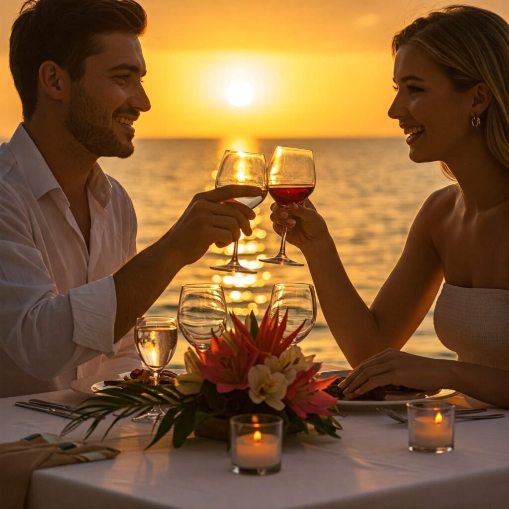 "Romantic sunset dinner beach couple"