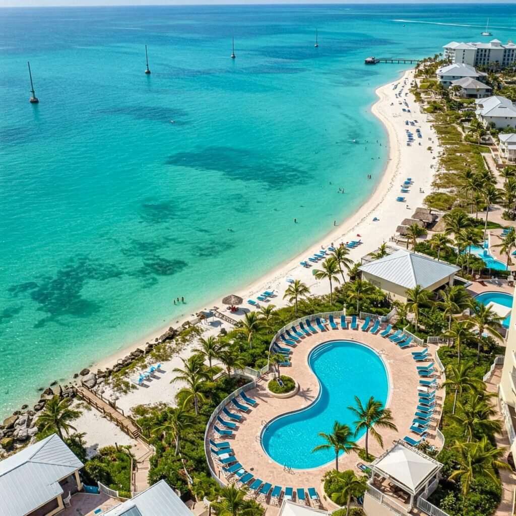 Florida Keys resort aerial view, clear blue water, white sand beach, pool