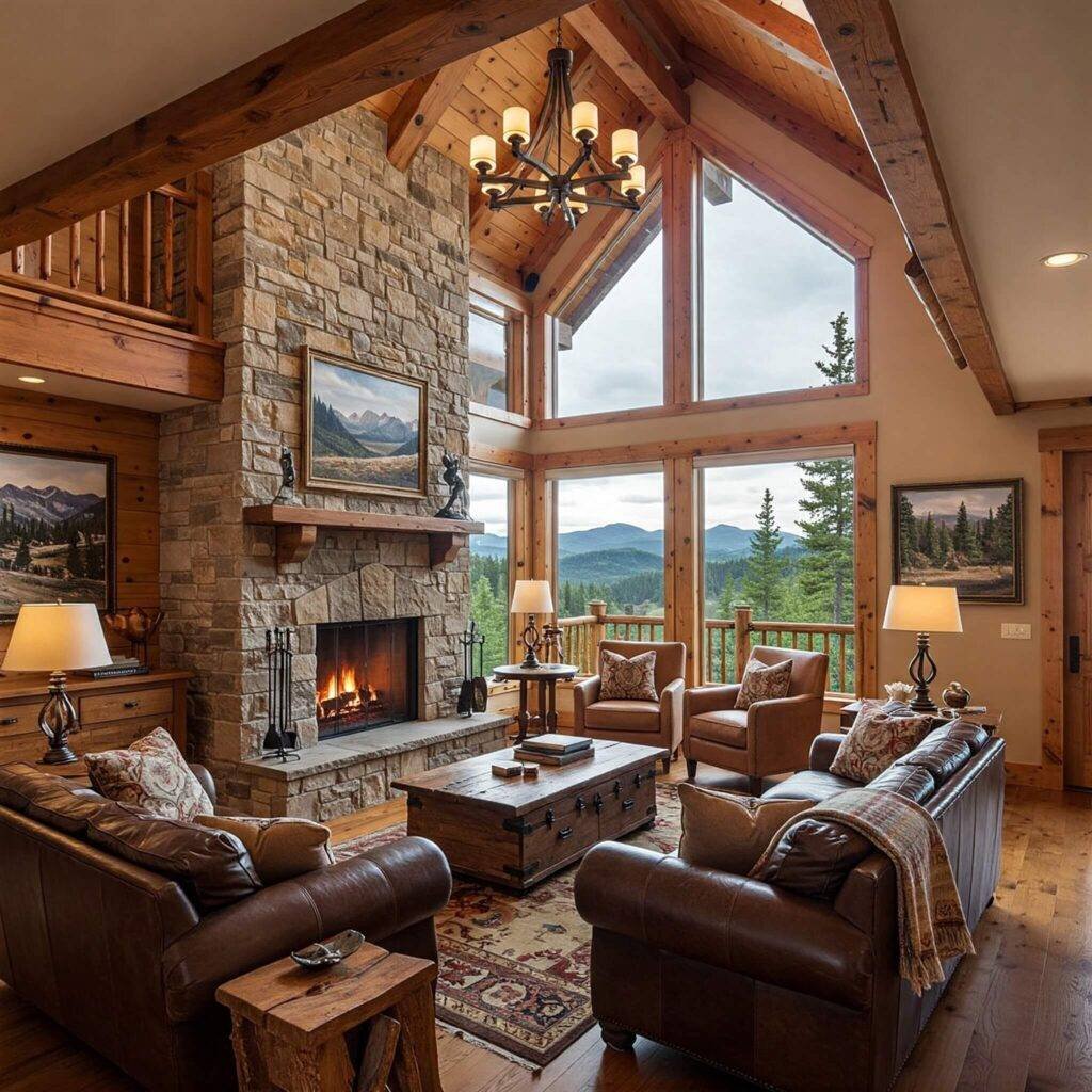 Luxury cabin living room fireplace