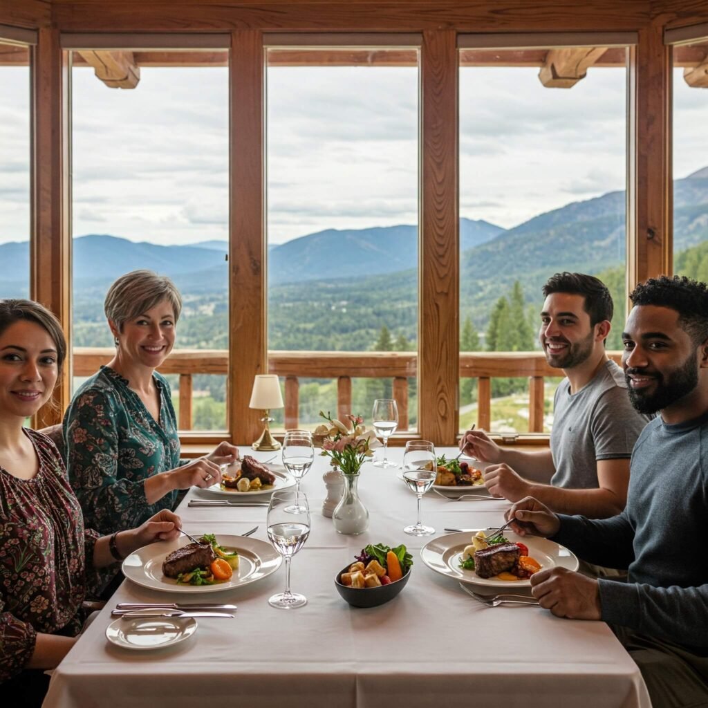 Gourmet meal with mountain views in a Wyoming lodge.