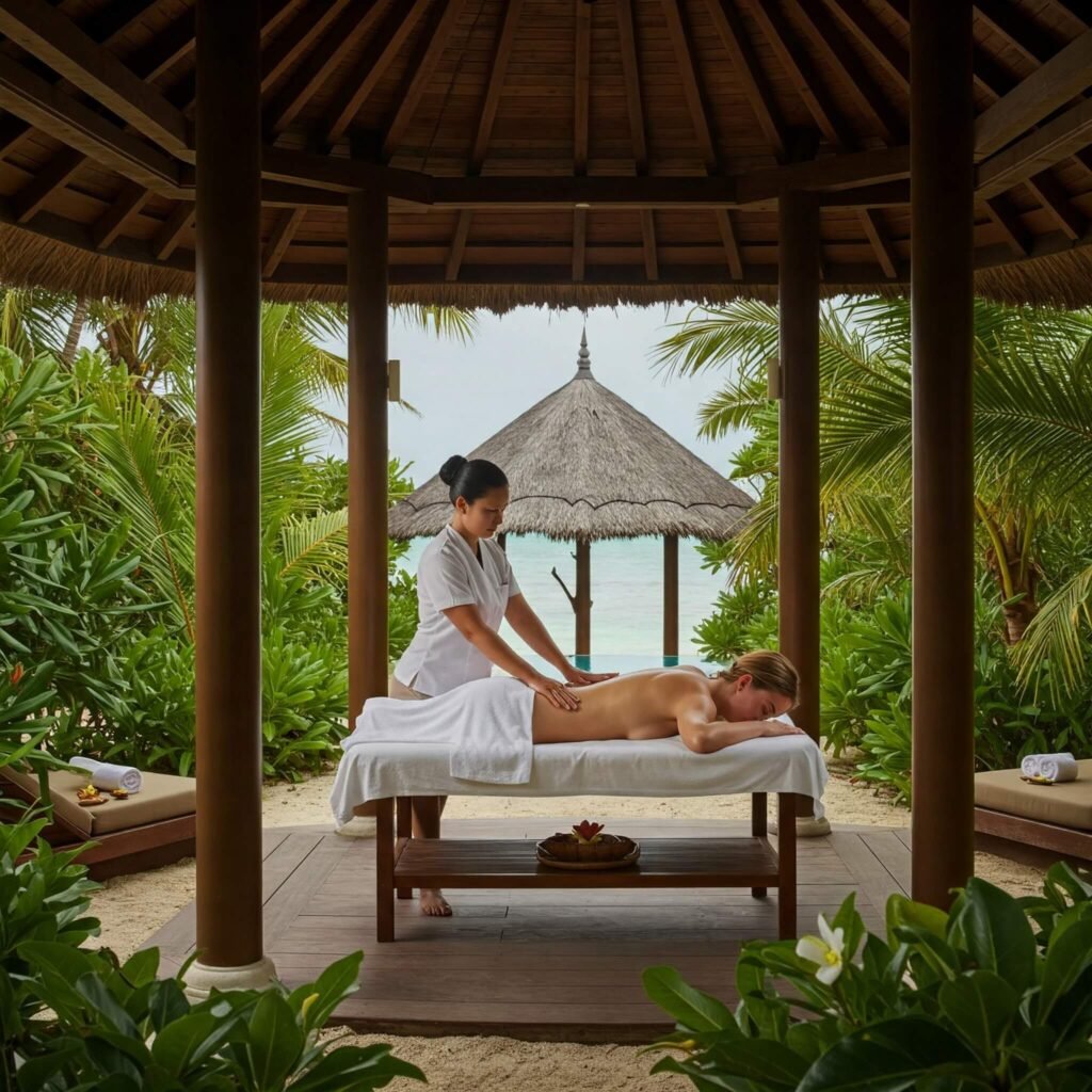 Massage in scenic spa setting.