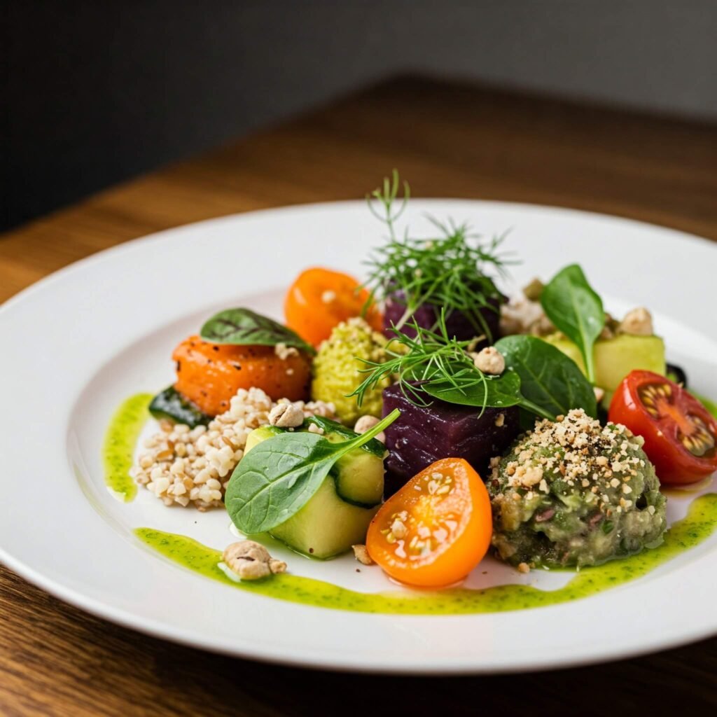 Artfully plated, fresh and vibrant healthy meal.