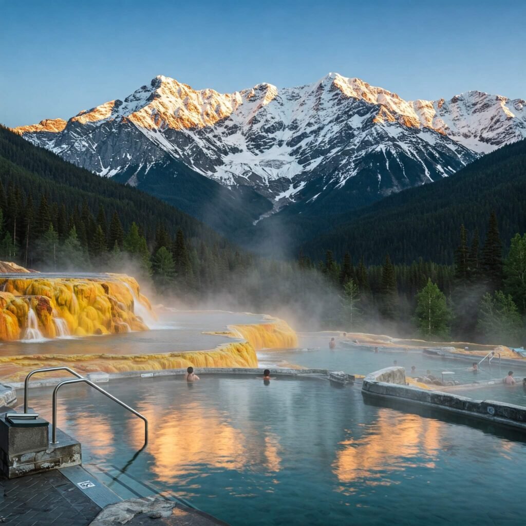 Snowy mountains and warm hot springs.
