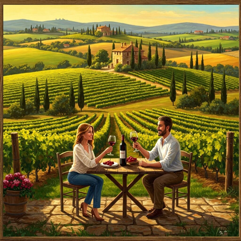 Couple enjoys wine at rustic villa.