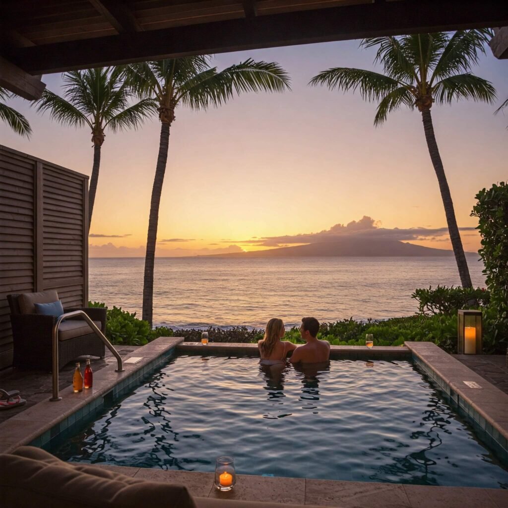 A couple enjoys a sunset view from a private plunge pool.