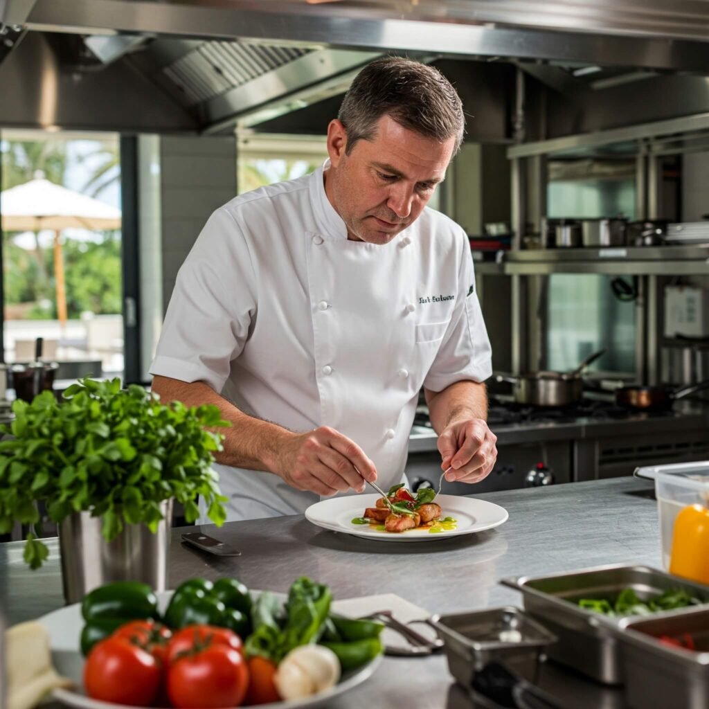 Chef plating gourmet dish in luxury resort.