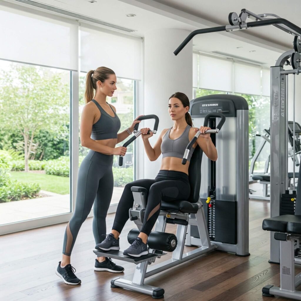 Trainer guiding guest on gym equipment