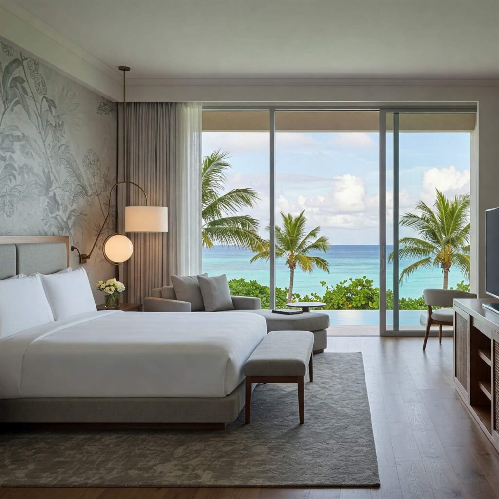 A luxurious resort suite with a panoramic view