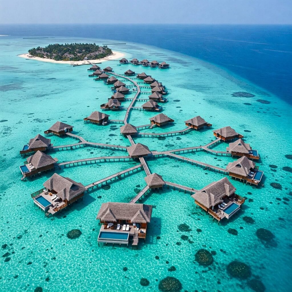 Maldives overwater bungalows aerial view
