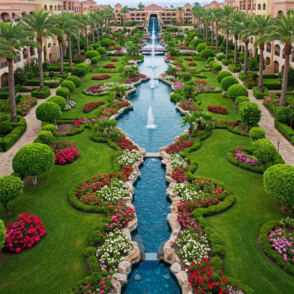 "Resort garden, serene water feature"