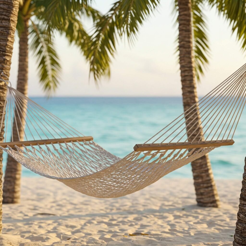 Hammock on secluded beach, ocean view.