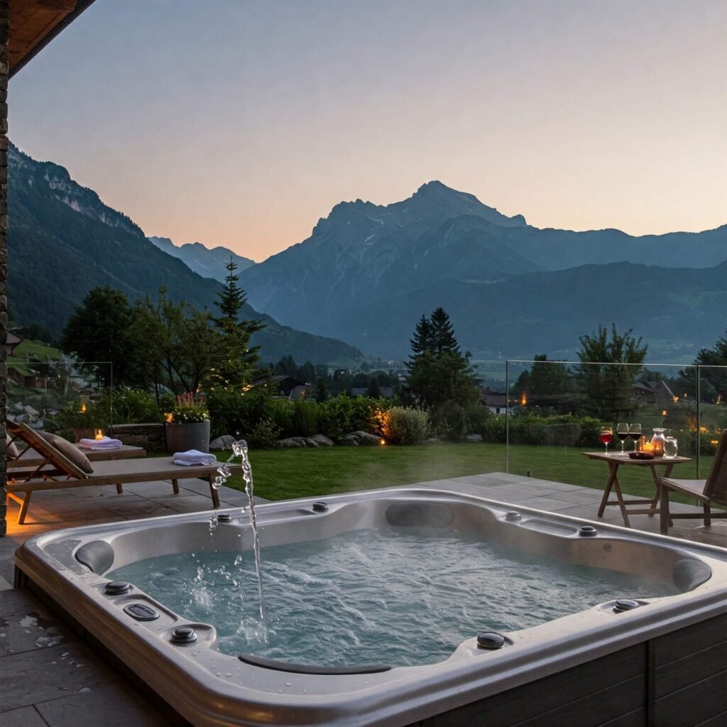 Private hot tub overlooking the mountains at a Wyoming retreat.
