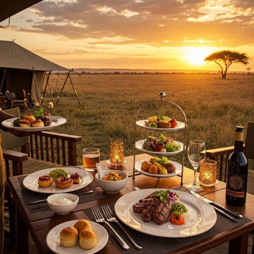 Luxury Vacation: Gourmet Dining in Serengeti Safari Camp at Sunset