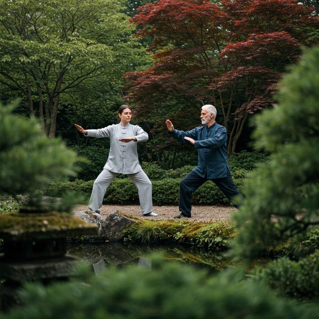 Mindful Tai Chi practice in a serene garden.