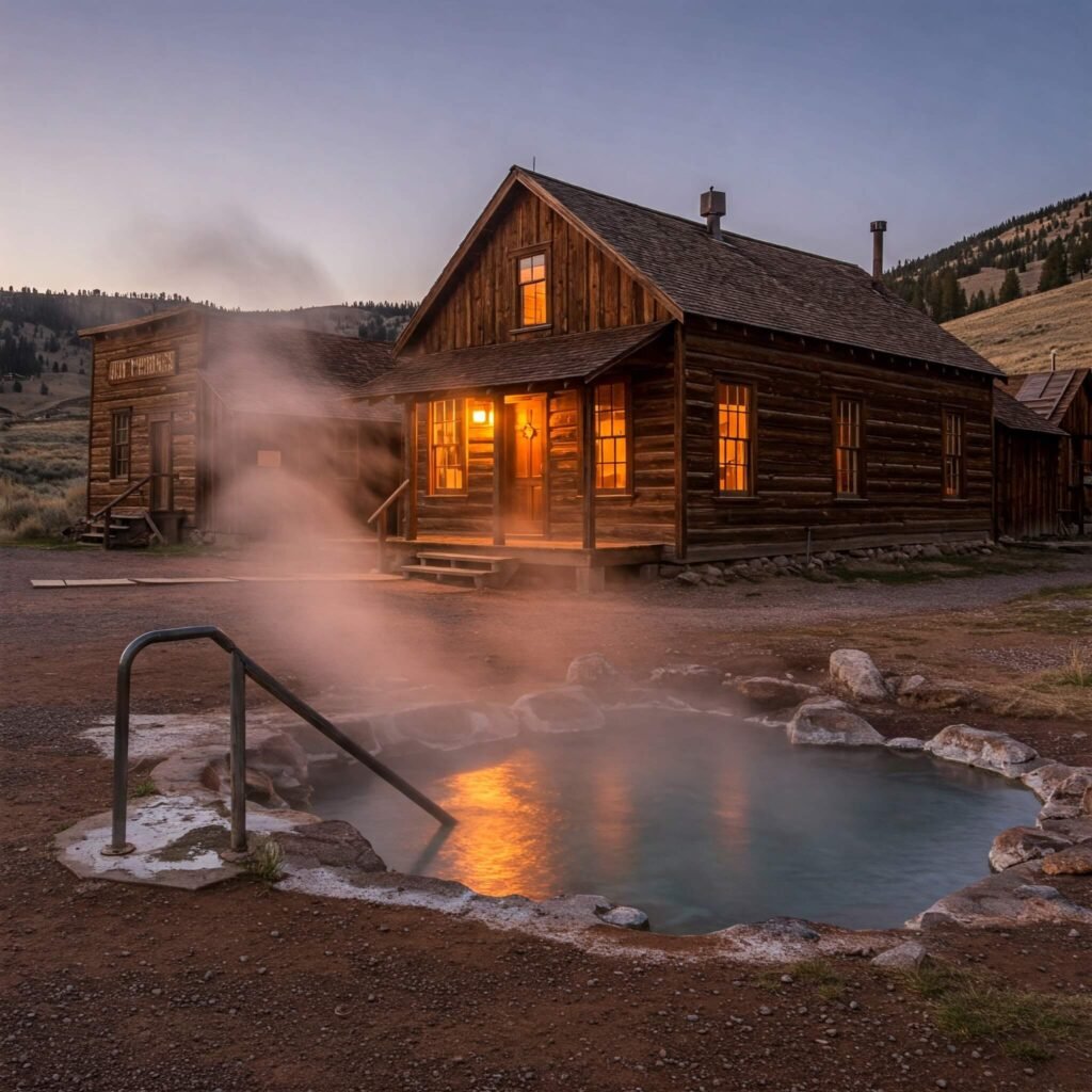 Steaming hot spring near a cozy cabin in a rustic setting.