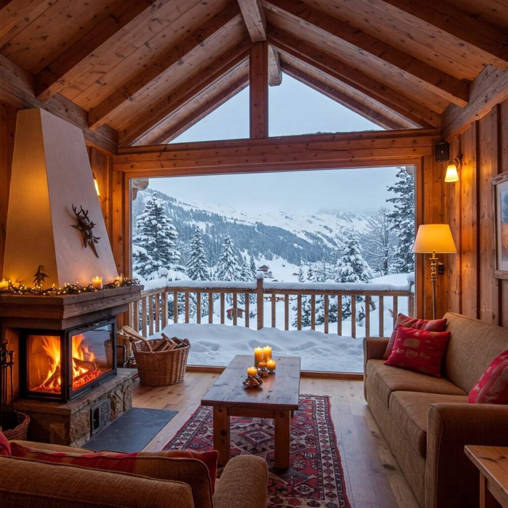 A cozy mountain chalet with a snowy landscape.