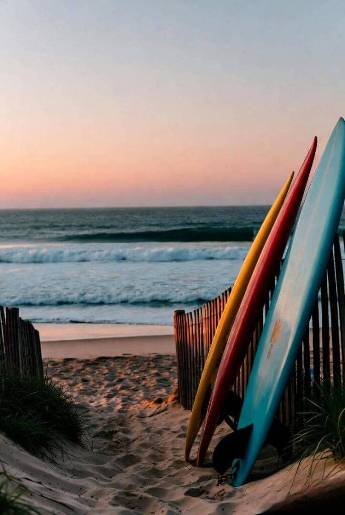 A candid-style shot of a Malibu beach path—sandy boardwalk, surfboards leaning against a fence, pink-orange sky.