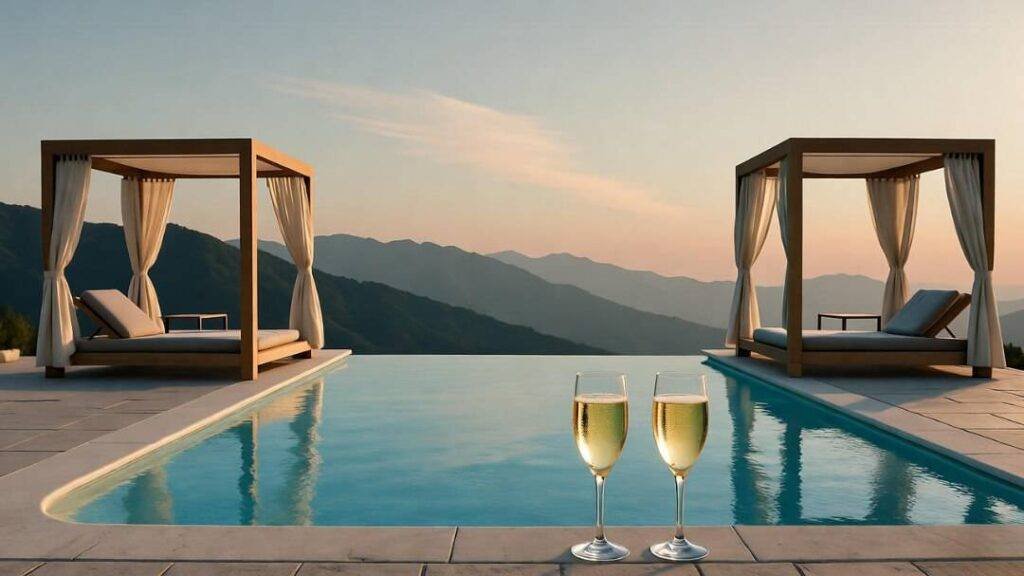an infinity pool overlooking mountains at sunset — pastel sky hues, modern cabanas, champagne glasses on the ledge.