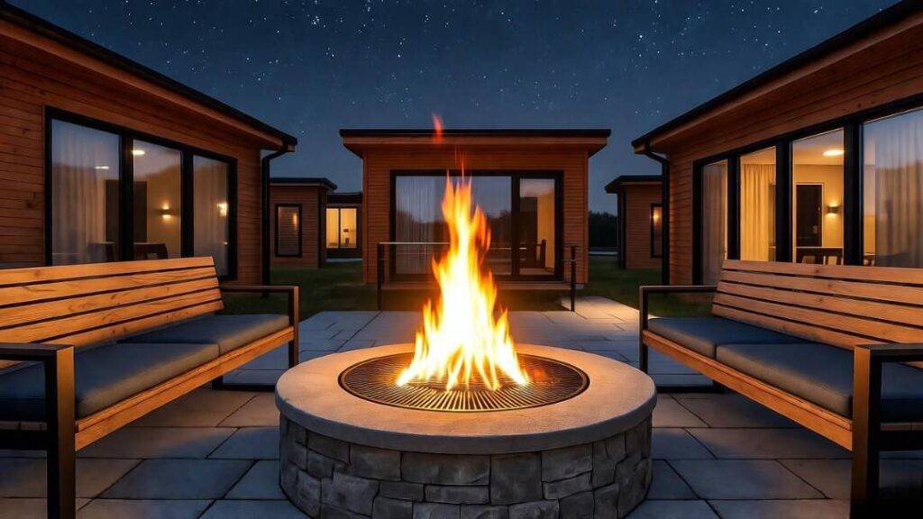 A cinematic shot of a firepit surrounded by modern wooden lodges, with stars twinkling overhead.