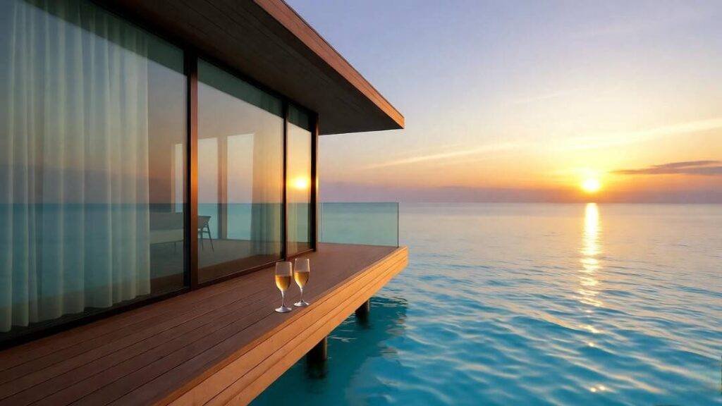 a glass villa hanging over turquoise Maldivian water at sunset.