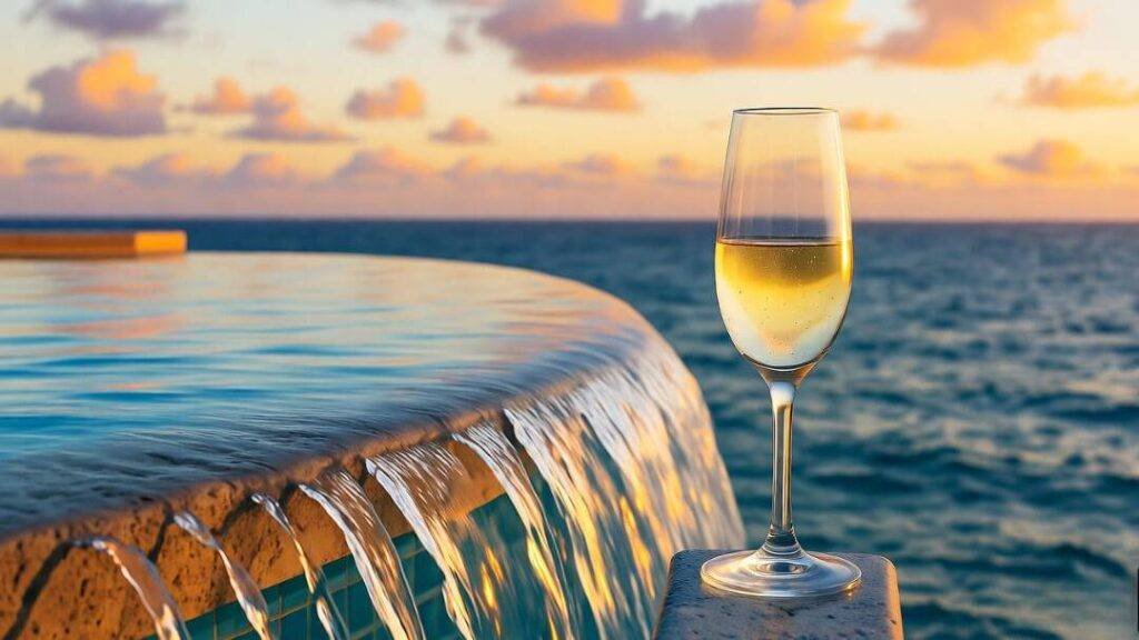 sunset shot of a resort infinity pool spilling into the ocean