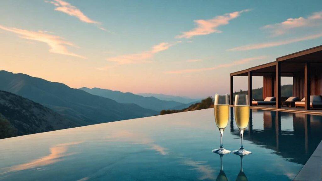 an infinity pool overlooking mountains at sunset