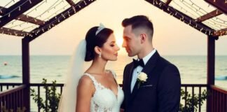 Dream Wedding Destinations: Most Elegant Resorts in the U.S. a bride and groom under a canopy of fairy lights on a terrace overlooking the ocean at sunset.