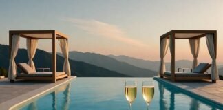 Top 10 Luxury Resorts in the U.S. You Need to Experience in 2025 an infinity pool overlooking mountains at sunset — pastel sky hues, modern cabanas, champagne glasses on the ledge.