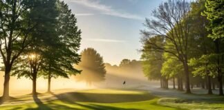 Golf + Glamour: Resorts That Blend Tee Time with 5-Star Style A misty morning shot of Whistling Straits fairway with sunlight breaking through—soft, golden lighting.
