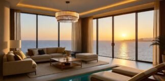 Private Pools & Penthouse Views: America’s Best Resort Rooms a penthouse suite overlooking the ocean at golden hour, private plunge pool in the foreground, city lights twinkling beyond