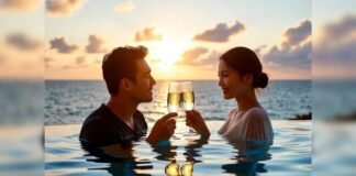 Celebrate Your Anniversary at These Incredible Luxury Resorts a couple clinking champagne glasses in an infinity pool overlooking the ocean at sunset.