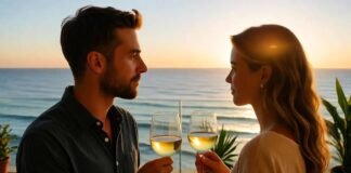 Escape Together: Romantic Resorts Worth Every Dollar a couple sitting on a private balcony overlooking a calm ocean, glasses of wine in hand, slightly blurred cinematic depth.